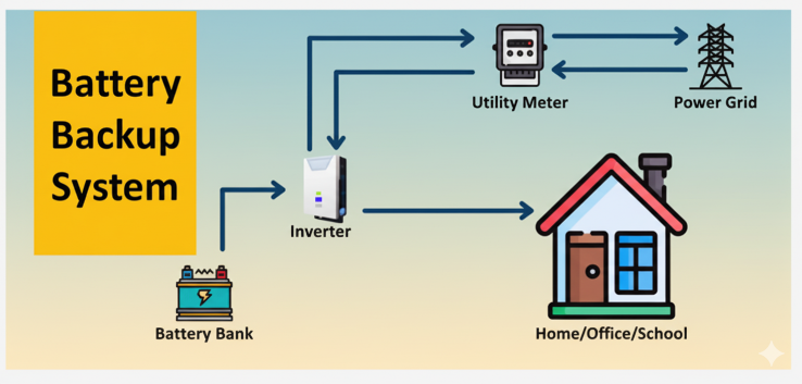 Battery Backup System Diagram showing Battery Bank, Inverter, Utility Meter, Power Grid and Home connection