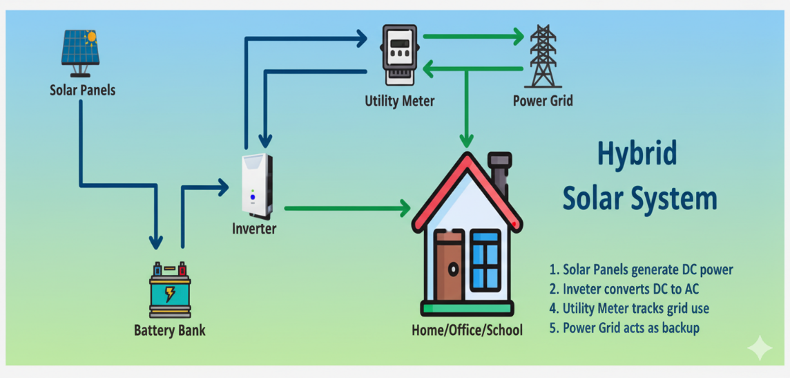 Hybrid Solar System Diagram showing Solar Panels, Inverter, Battery Bank, Utility Meter, Power Grid and Home connection