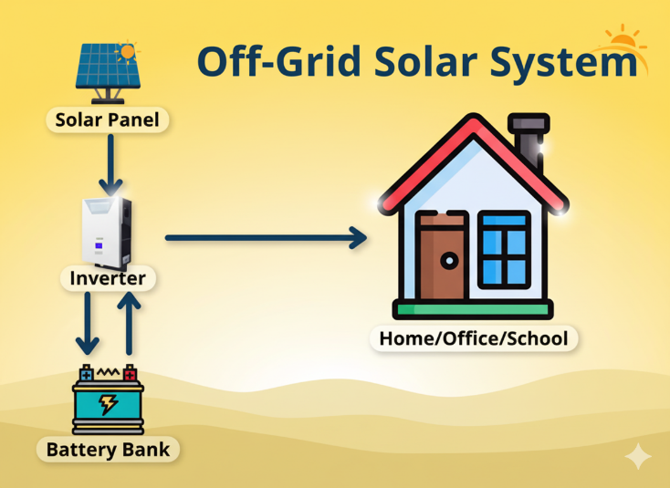 Off-Grid Solar System Diagram showing Solar Panel, Inverter, Battery Bank and Home connection